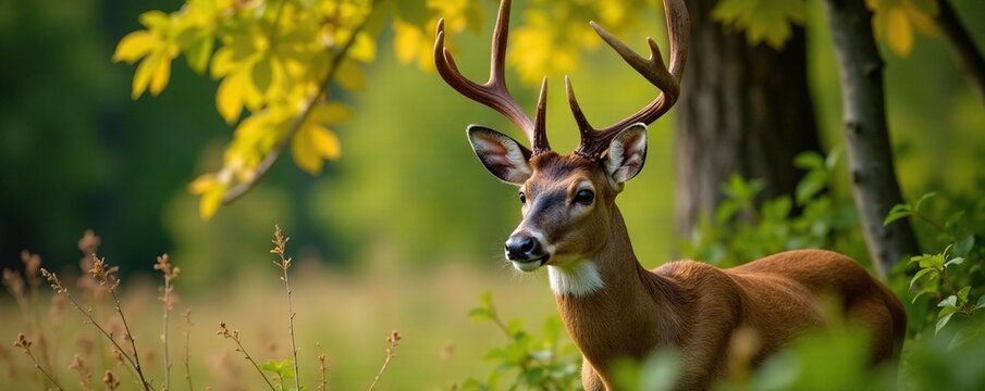 A blacktail buck's antlers partially hidden behind the foliage of a tree, leaves, concealment, wildlife