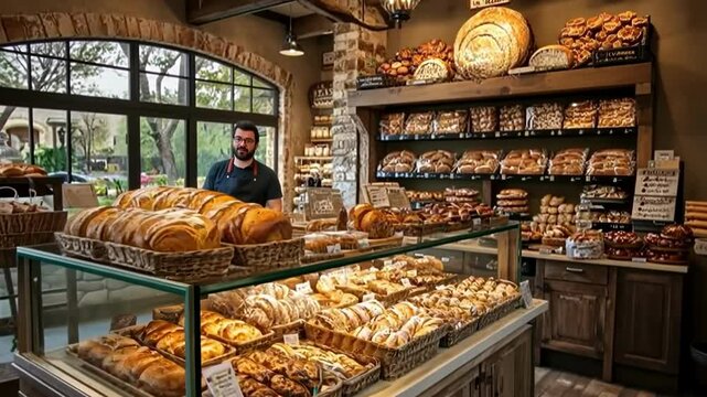 Freshly baked goods displayed in a cozy bakery with a smiling baker in a charming neighborhood