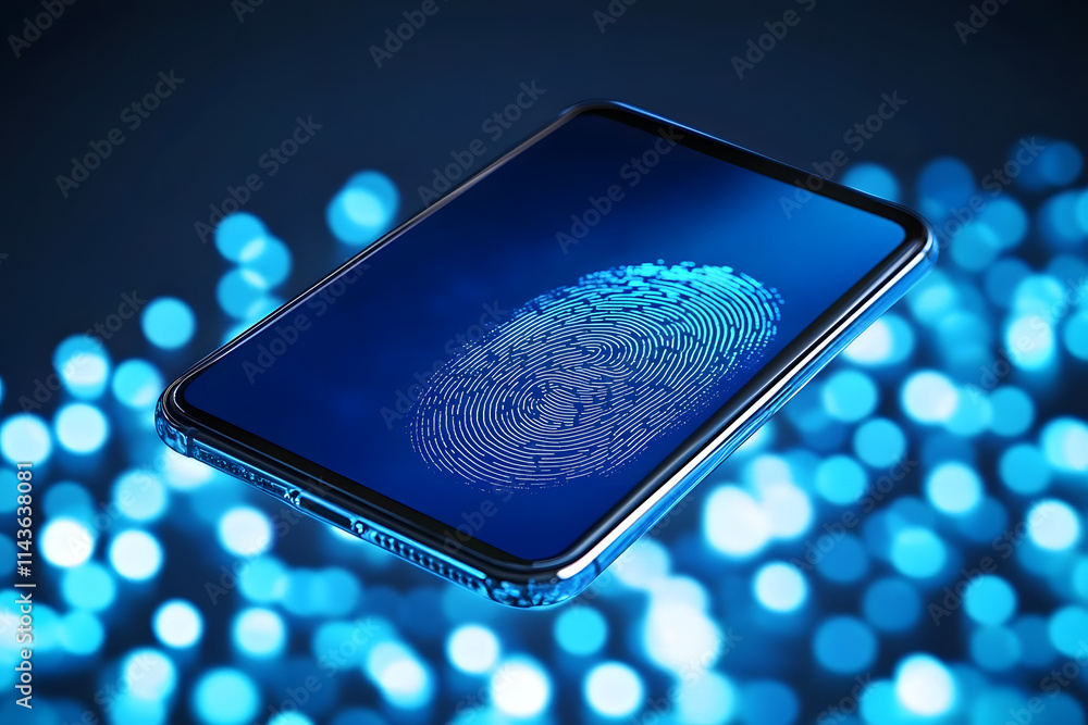 Poster smartphone with digital fingerprint scanning display on blue background, representing security and b