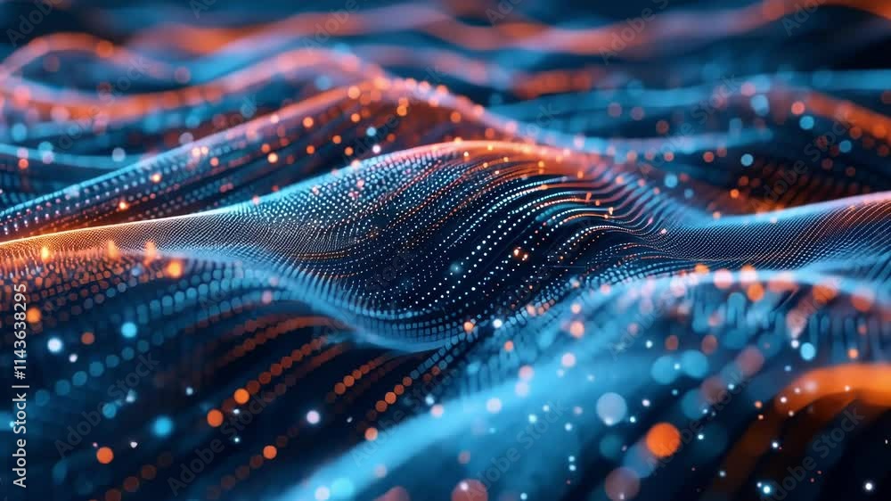 Poster abstract visualization of big data flowing and connecting like a digital wave, representing the cons
