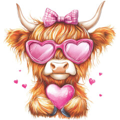 Fluffy cow with heart and glasses