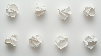 Naklejka premium 78.High-definition set of multiple crumpled paper balls positioned on a plain white surface, each piece showing a unique blend of creases and folds. The realistic textures are highlighted by soft