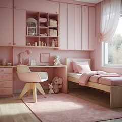 Fototapeta premium Pink Girls Bedroom With Desk And Built In Wardrobes