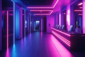 A futuristic hallway illuminated by vibrant pink and blue neon lights, featuring sleek computers and a modern aesthetic.
