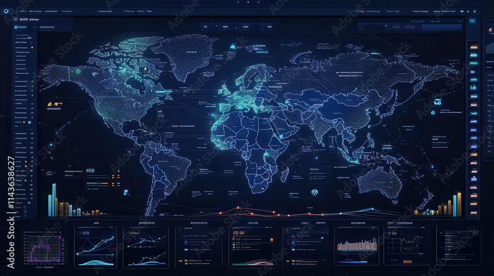 Aufkleber a detailed, dark-themed world map with data points, graphs, and analytics, showcasing global informa