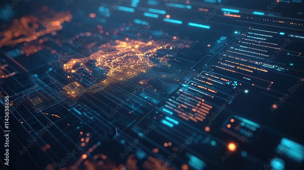 Poster A futuristic digital representation of a world map with glowing data streams and binary codes, showcasing technology and connectivity.