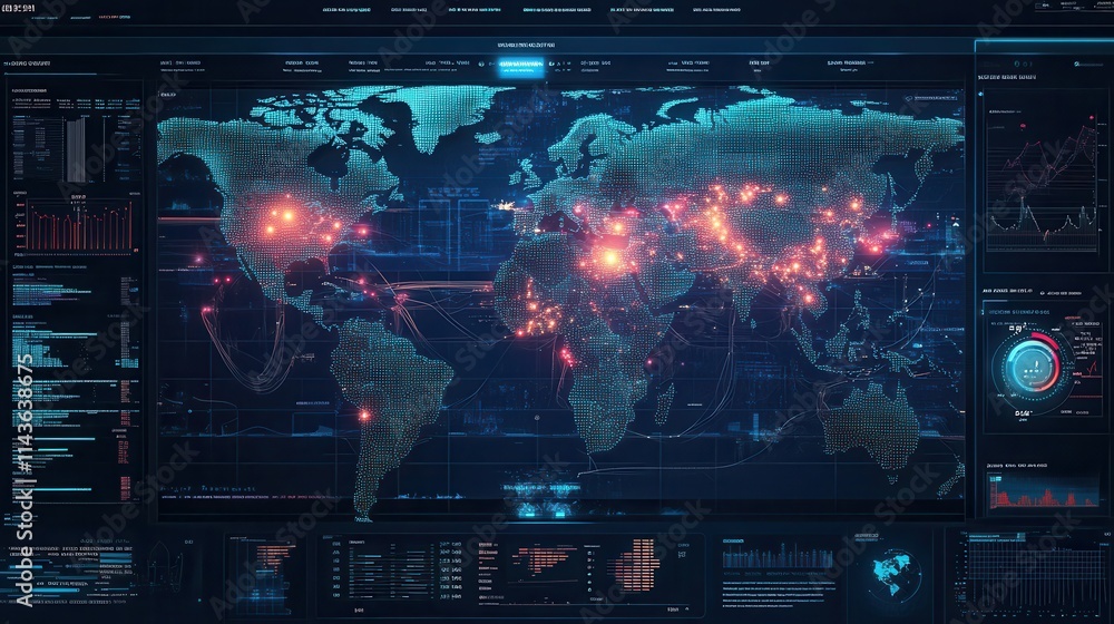 Poster A high-tech digital map displaying global data points, with vibrant lights indicating activity across various regions.