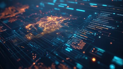 A futuristic digital representation of a world map with glowing data streams and binary codes, showcasing technology and connectivity.