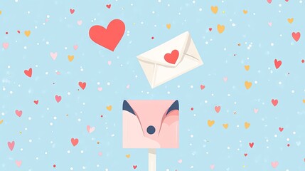 34.Flat vector design of a handmade love letter with a red heart seal, shown flying toward a small mailbox, with cheerful accents like confetti and sparkles in the background, creating a playful and