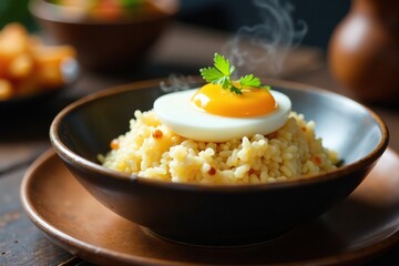 A boiled duck egg is placed on top of a steaming bowl of rice, food on plate, boiled duck egg