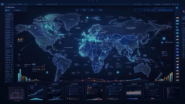 A detailed, dark-themed world map with data points, graphs, and analytics, showcasing global information in a high-tech visual format.