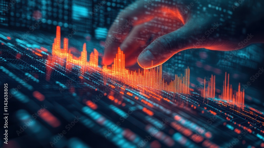 Poster A glowing hand interacts with a digital sound wave visualization, representing data analysis and technology.