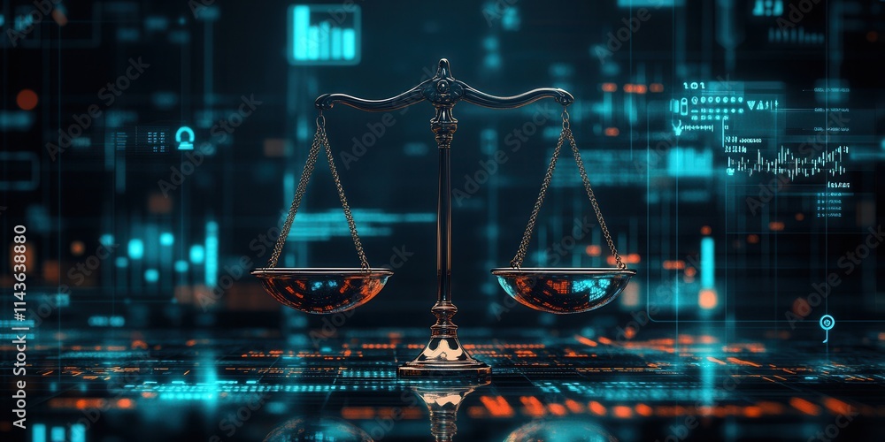 Aufkleber a digital representation of balanced scales symbolizes justice and law, set against a backdrop of gl