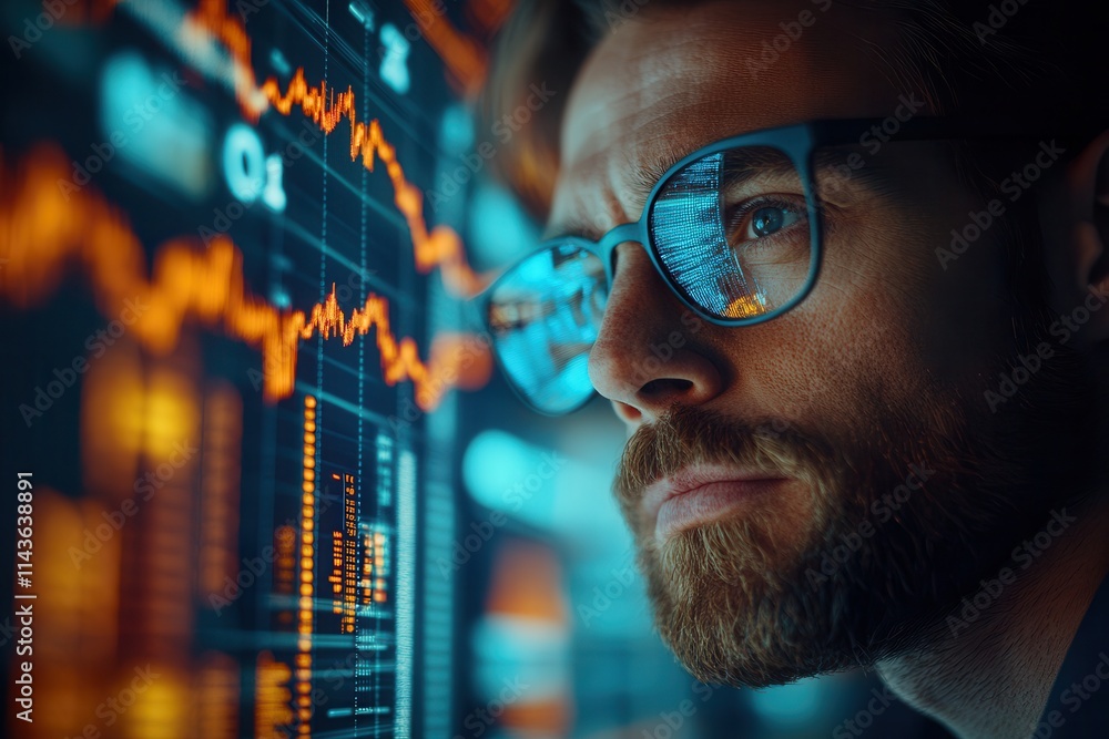 Poster A focused man with glasses analyzing digital data on a screen, showcasing technology and finance trends with vibrant graphical elements.