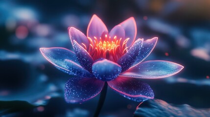 A single, glowing pink and blue water lily with water droplets.