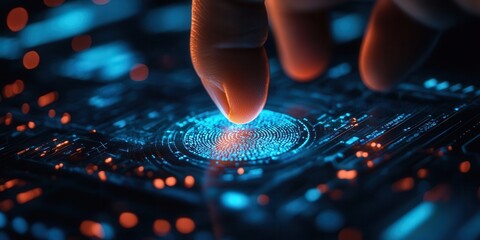 A finger hovers above a glowing digital interface, showcasing advanced technology and biometric security features in a futuristic setting.