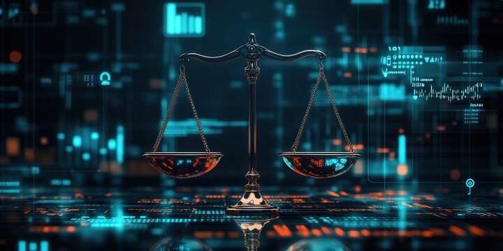 A digital representation of balanced scales symbolizes justice and law, set against a backdrop of glowing data and technological elements.