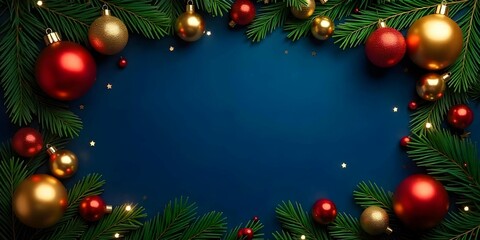 Naklejka premium Christmas Festive card. Frame borders made of gold balls, twinkling lights, flat lay copy space, decorations, Luxury styleTop view dark blue background.