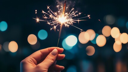 hand holding a burning sparkler on a dark background