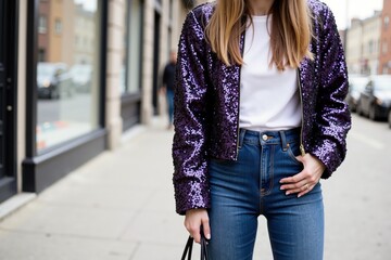 Street style: woman in purple sequin jacket and jeans walking in urban setting.