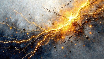 Abstract expressionist painting featuring glowing gold and silver lightning bolts, expressive, silver