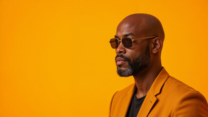 Fototapeta premium Distinguished African American man in brown blazer with sunglasses against yellow background