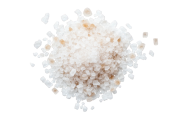 close-up of a pile of white sea salt with brown crystals. scattered on a transparent background