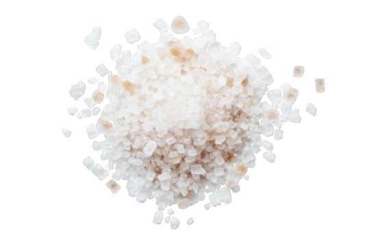 close-up of a pile of white sea salt with brown crystals. scattered on a transparent background
