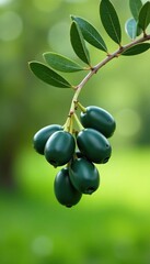 A bundle of fresh dark green olives hanging from an olive tree branch, outdoor, field