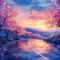 Enchanting Cherry Blossom Path Leading to Serene Lakeside Reflecting Vibrant Sunset Sky in Magical Fantasy Landscape