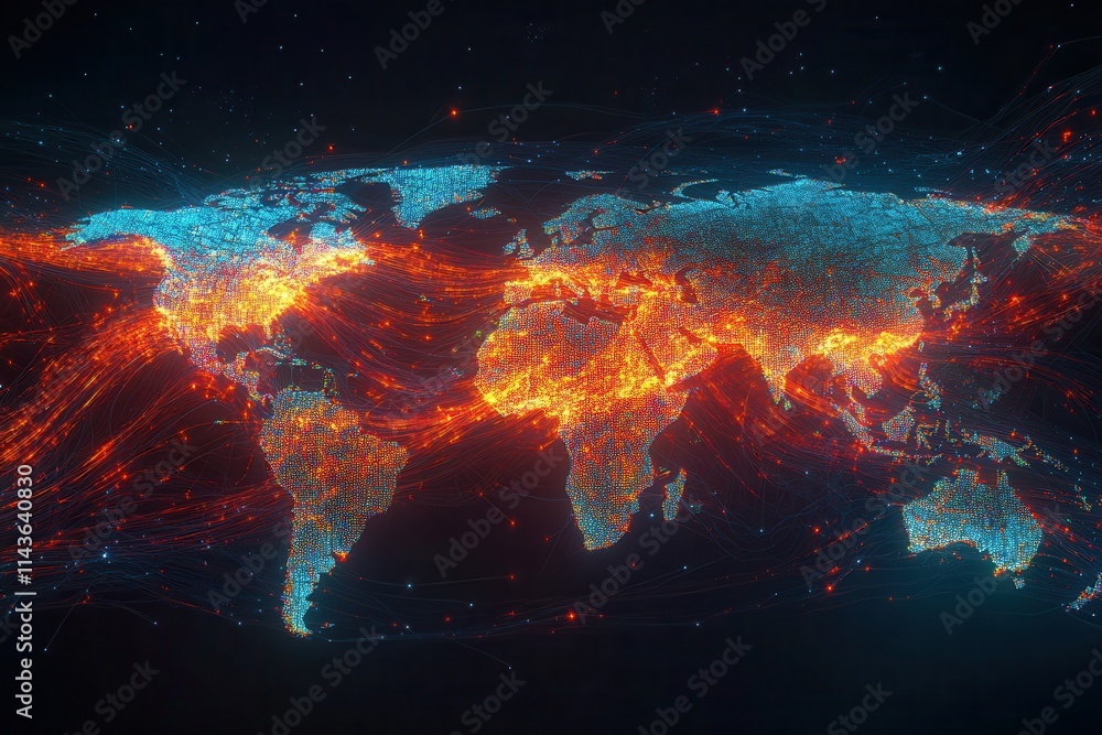 Poster A vibrant, glowing map of the world, showcasing interconnected networks of light, representing data flow and global connectivity.