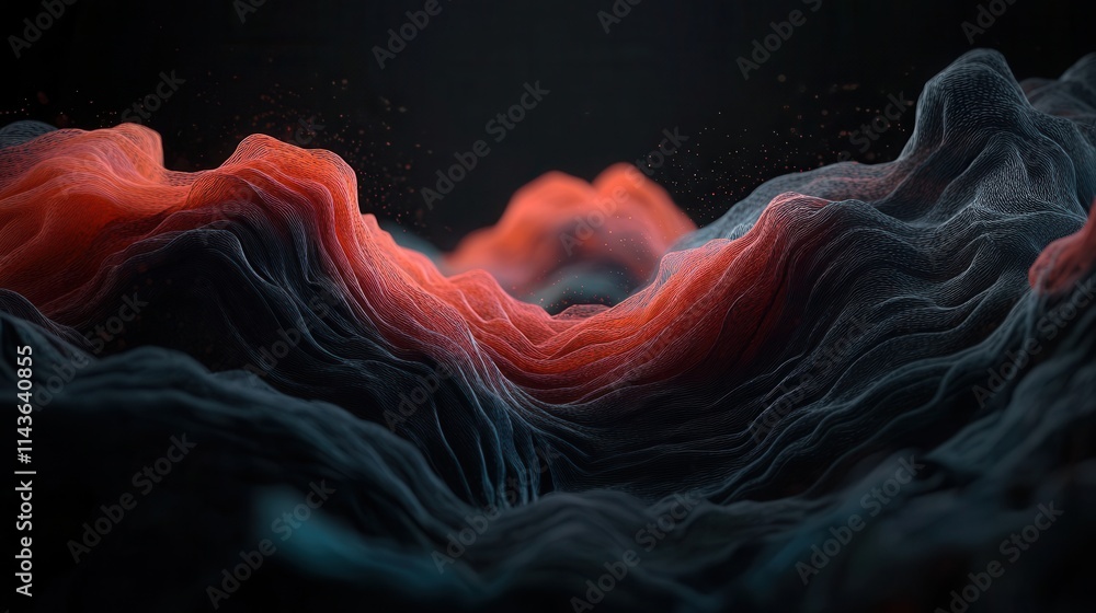 Poster A stylized, abstract representation of waves or mountains, featuring vibrant red and dark colors, creating a dynamic and textured visual effect.