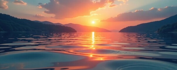 A calm lake at dawn with a bright sun peeking above the water, water, ripples