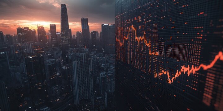 A stunning cityscape at sunset, featuring skyscrapers and a digital display with fluctuating stock market data.