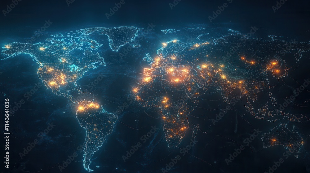 Poster A digital world map illuminated by glowing points, representing global connectivity and data flow.