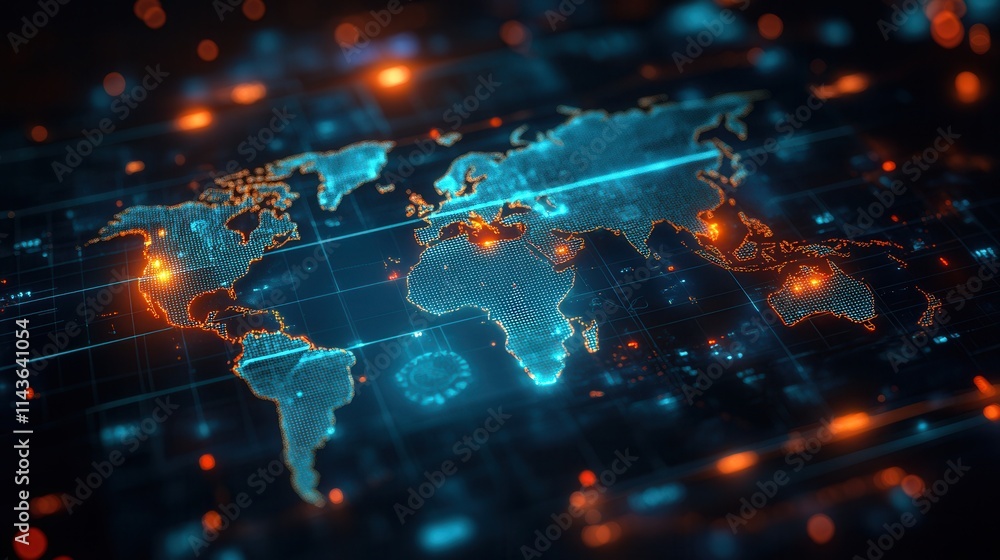 Poster A digital world map illuminated with vibrant colors, featuring network-like connections and data points, symbolizing technology and global connectivity.