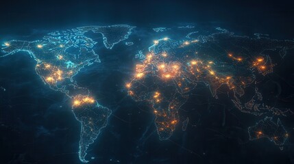 A digital world map illuminated by glowing points, representing global connectivity and data flow.