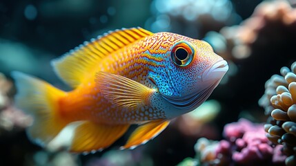 Obraz premium Vibrant Orange And Blue Reef Fish Swimming In Coral