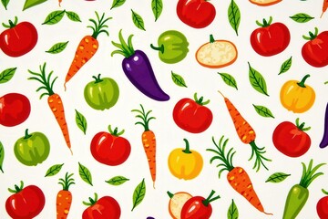 Fototapeta premium Colorful vegetable pattern with tomatoes, carrots, and peppers on white background.