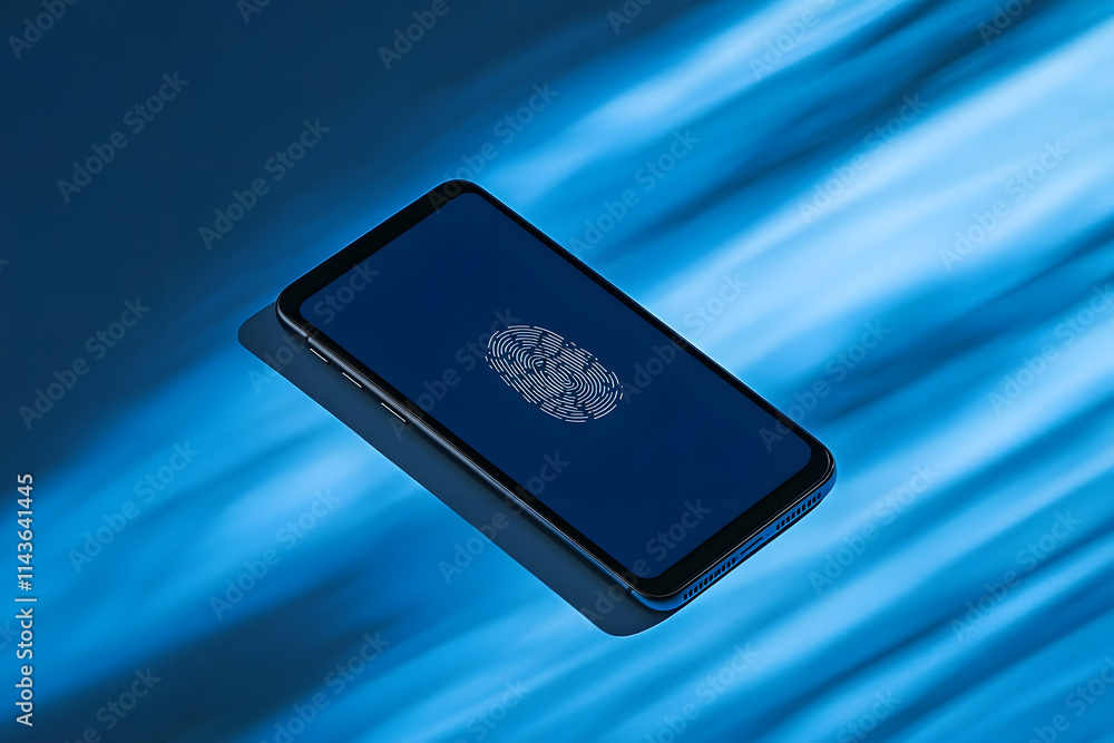 Poster smartphone with digital fingerprint scanning display on blue background, representing security and b