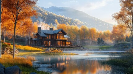 A serene lakeside cabin surrounded by autumn foliage and mountains, evoking tranquility.