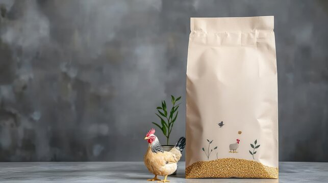 Animal feed business packaging concept. Poultry feed bag with graphic farmyard scene and modern typography, animal feed packaging, agricultural lifestyle branding