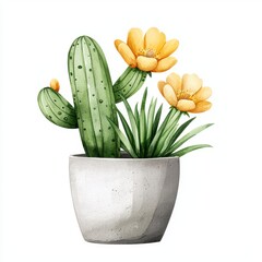 Watercolor cactus with yellow flowers nature clip art greenery
