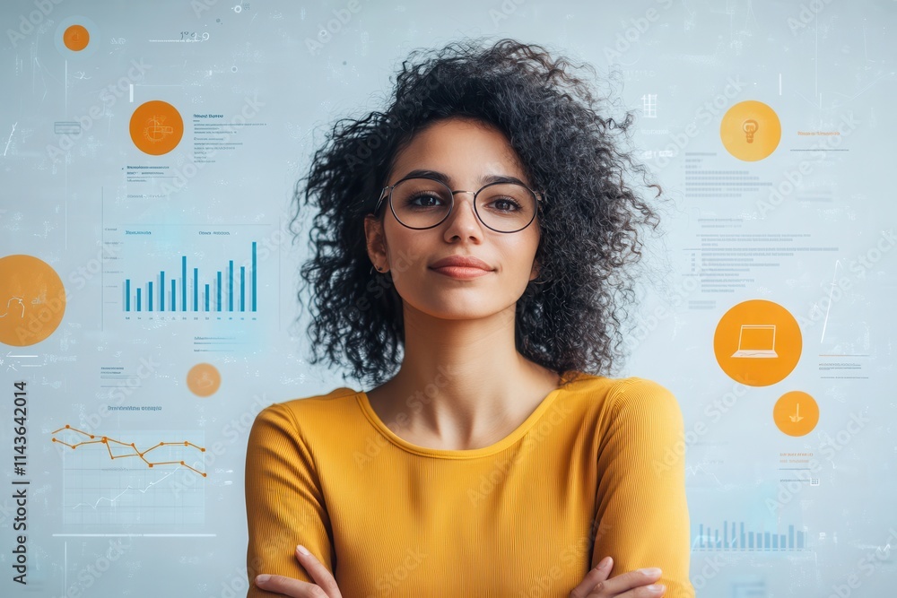 Poster A confident woman with curly hair and glasses stands in front of a data-driven background featuring graphs and statistics.