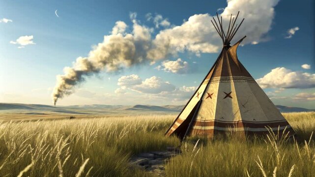 Traditional tipi tent in vast prairie landscape under blue sky with clouds