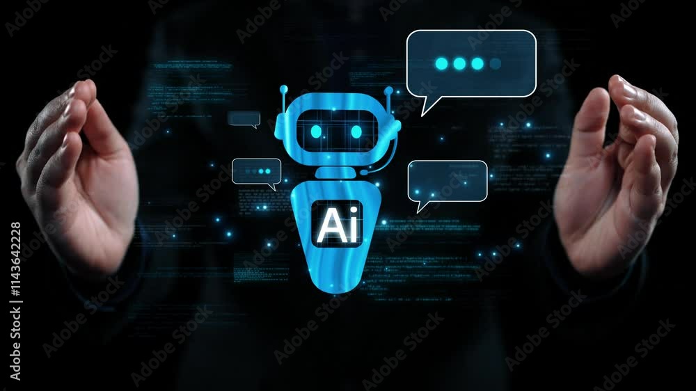 Poster human interact with ai artificial intelligence virtual assistant chatbot in concept of ai artificial