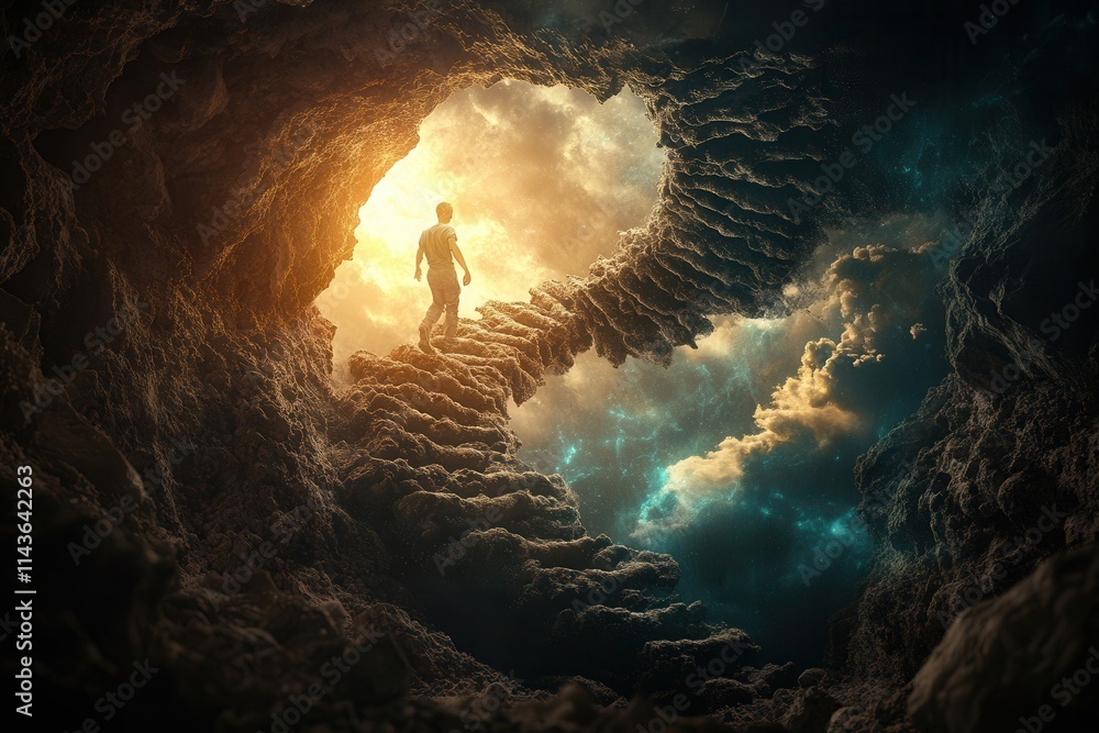 Poster a figure ascends a spiraling staircase toward a luminous opening in a cave, symbolizing hope and exp
