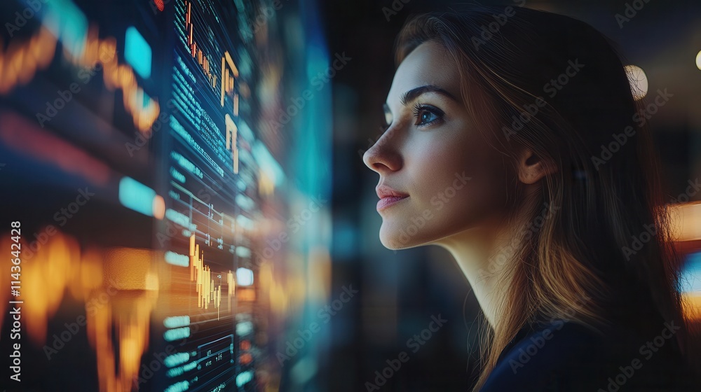 Poster A woman gazes intently at a digital display filled with data and graphs, suggesting a focus on analytics or finance.