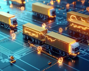 Illustration of cross-border trade with glowing digital supply chain links
