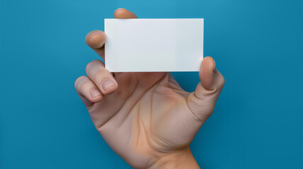 A hand holds a blank business card in front of a vivid blue background, perfect for showcasing branding, personal information, or marketing materials, copy space, blank